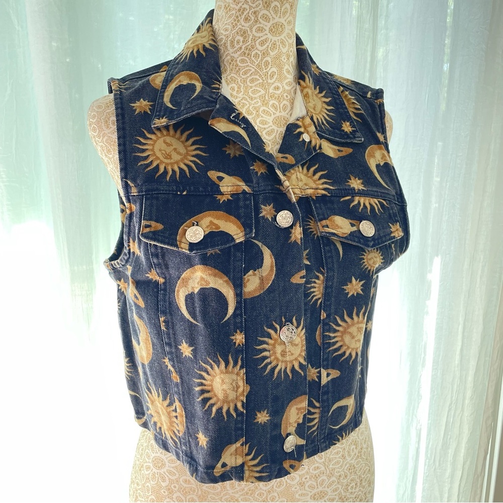 Vintage Sun and Moon Patterned Denim Vest